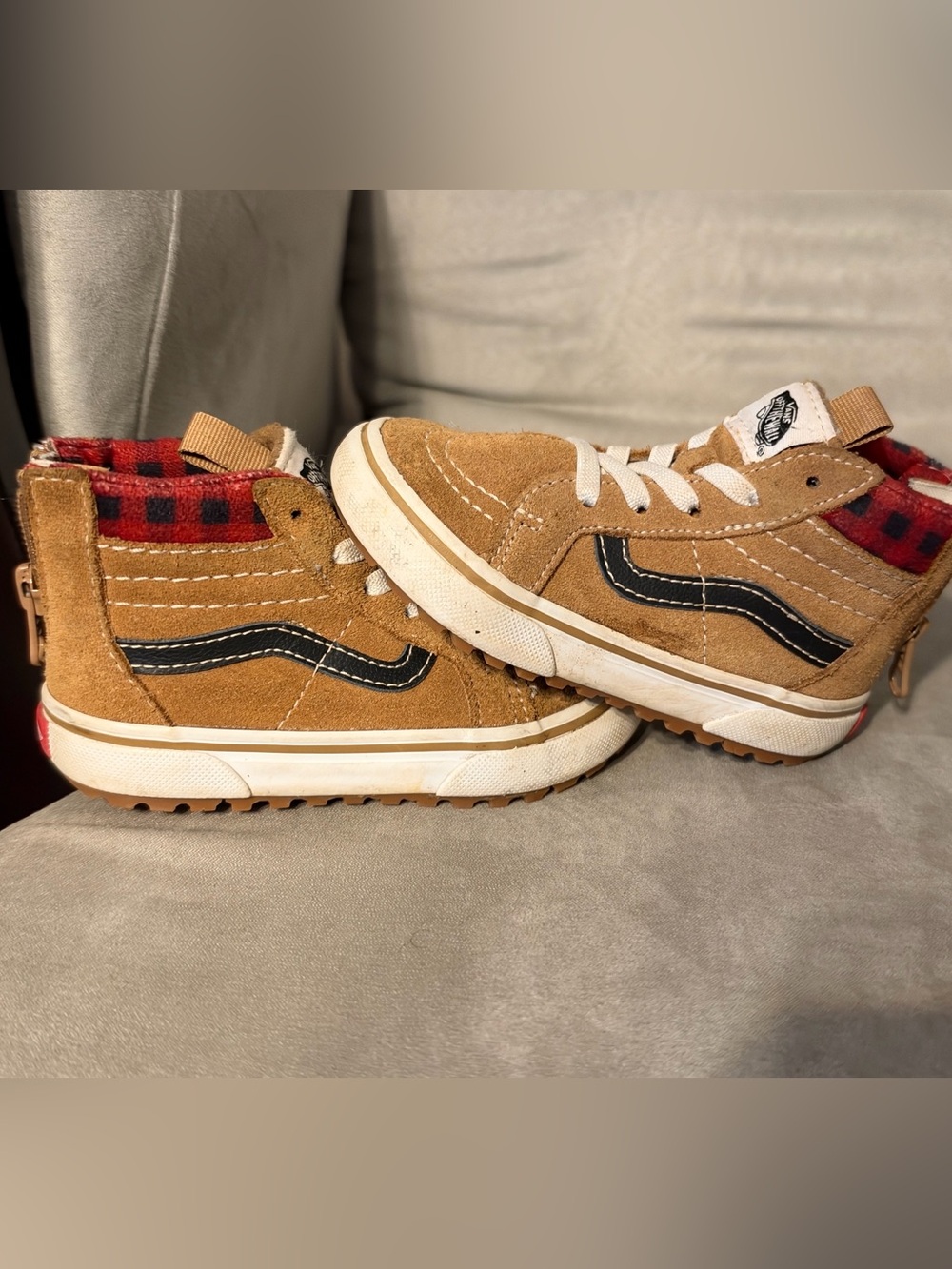 Vans Kids Tan Suede High-Top Sneakers with Black Stripe and Red Plaid Collar
